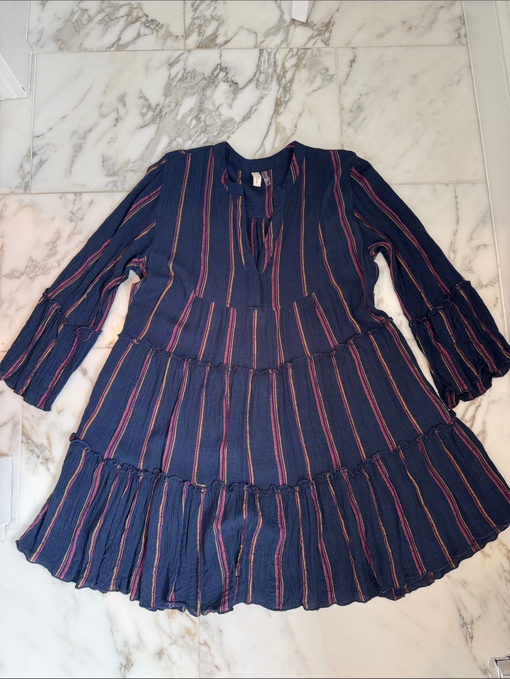 Elan Navy Stripe Tiered Tunic Swing Dress with Pink & Tan Accents